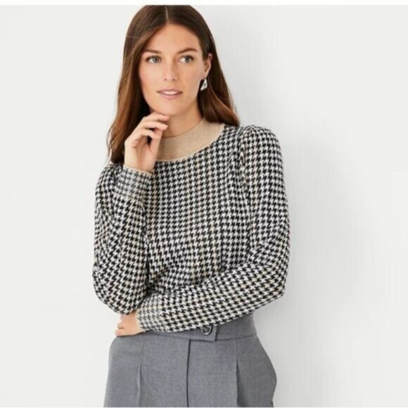 Ann taylor Houndstooth  Sweater XXL Black Gold Shimmer Jacquard Metallic NEW - Picture 1 of 13